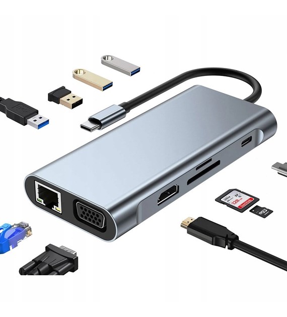 STACJA DOKUJĄCA USB C PD 100W HUB HDMI SD VGA RJ45